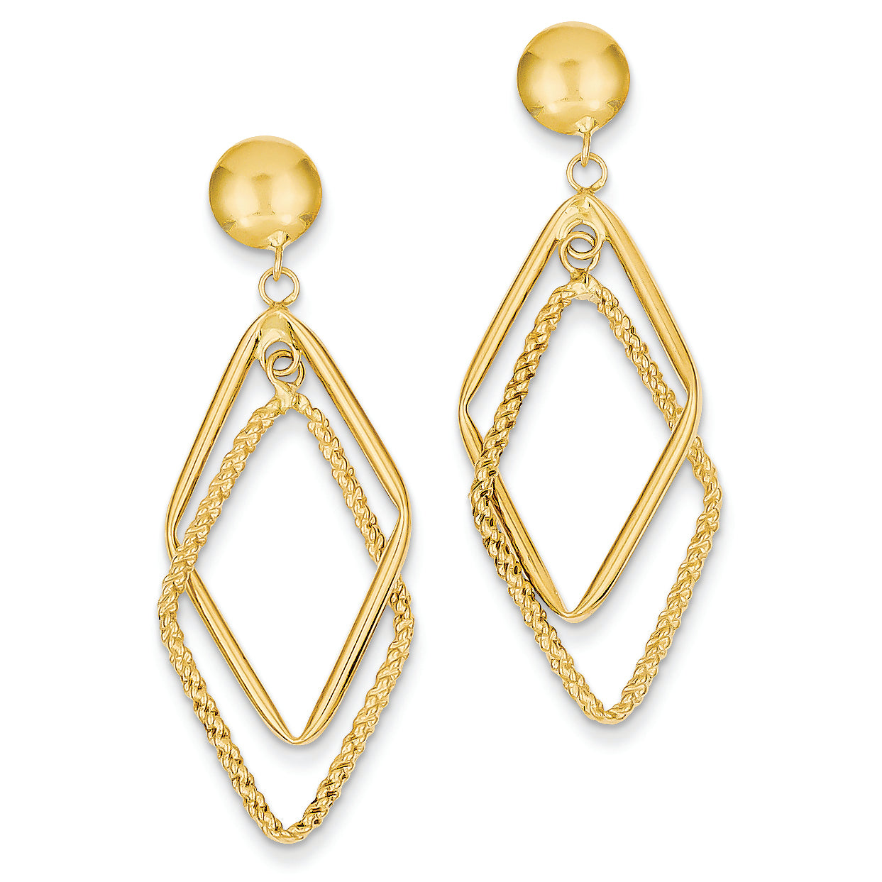 14K Gold Polished & Patterned Diamond Shaped Post Earrings