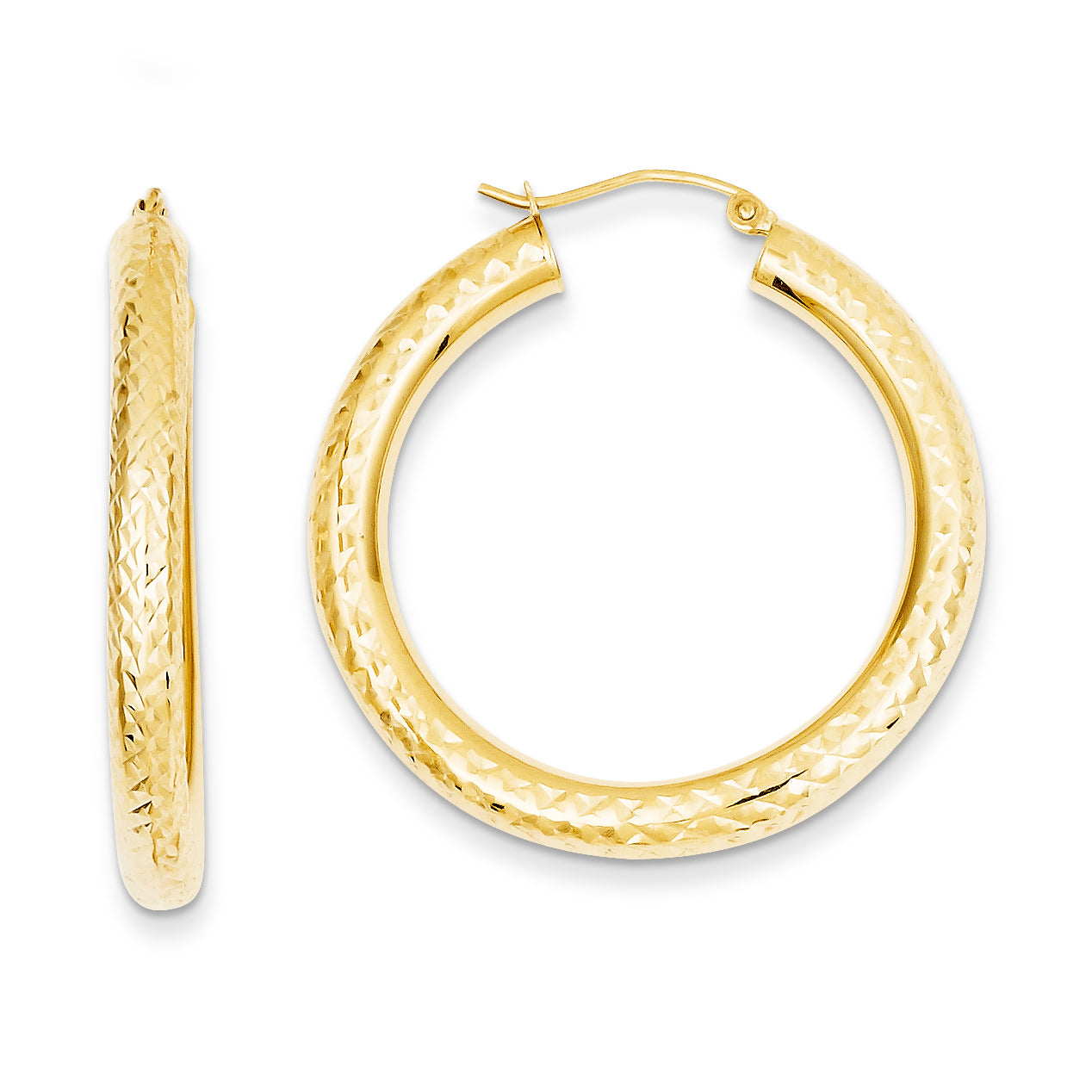 14K Gold Diamond-cut 4mm Round Hoop Earrings