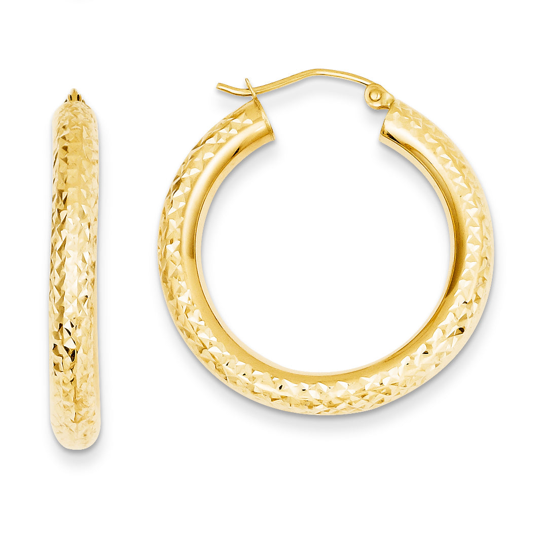 14K Gold Diamond-cut 4mm Round Hoop Earrings