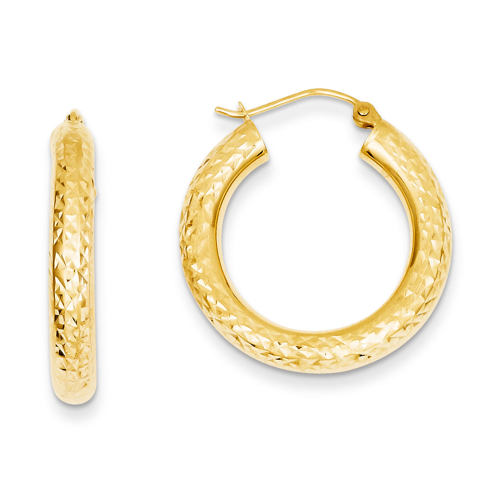 14K Gold Diamond-cut 4mm Round Hoop Earrings