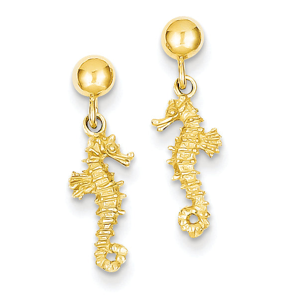 14K Gold 3-D Mini Seahorse Dangle Post Earrings