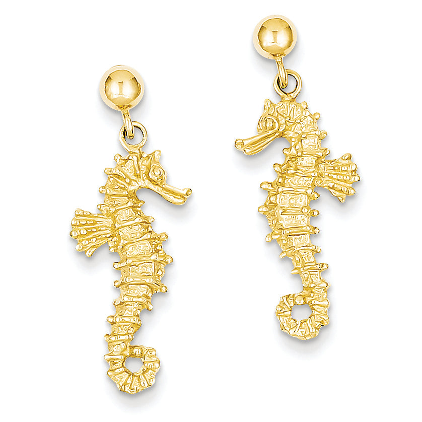 14K Gold Large Seahorse Dangle Post Earrings