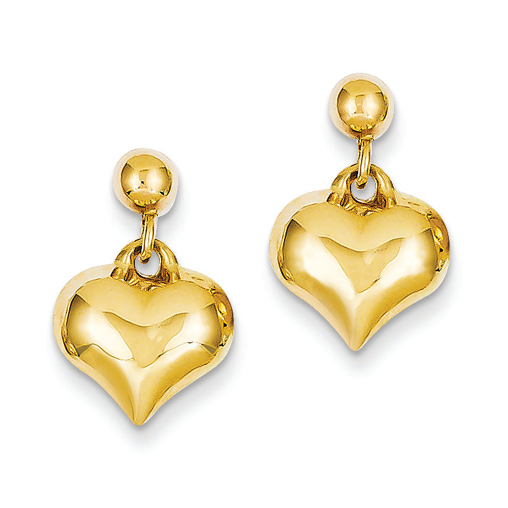 14K Gold Polished Puffed Heart Dangle Post Earrings
