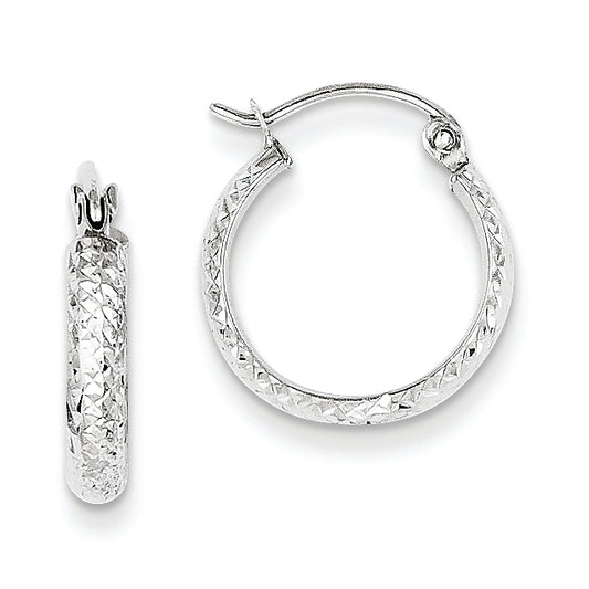 14K White Gold Diamond Cut 2.8x15mm Hollow Hoop Earrings