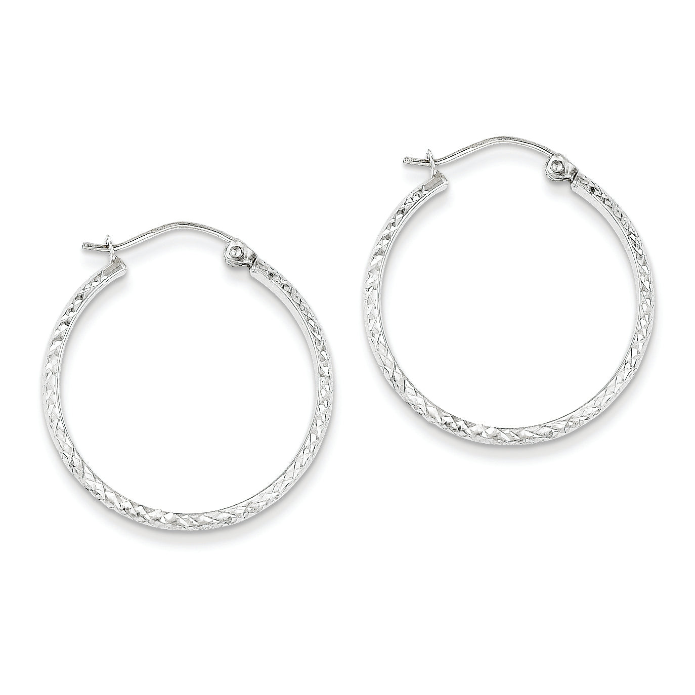 14K White Gold Diamond Cut 2.8x25mm Hollow Hoop Earrings