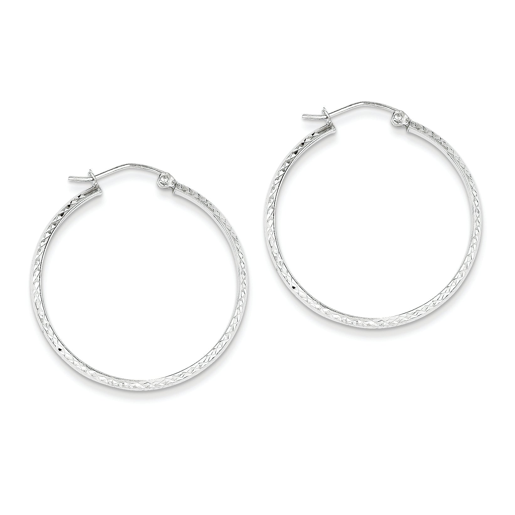14K White Gold Diamond Cut 2.8x30mm Hollow Hoop Earrings