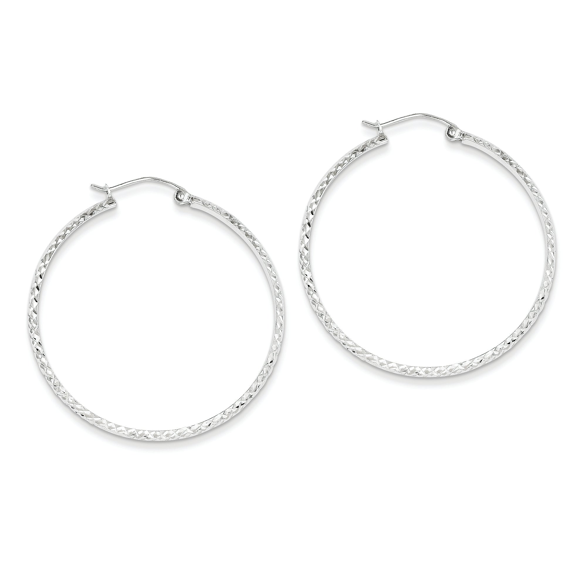 14K White Gold Diamond Cut 2.8x37mm Hollow Hoop Earrings