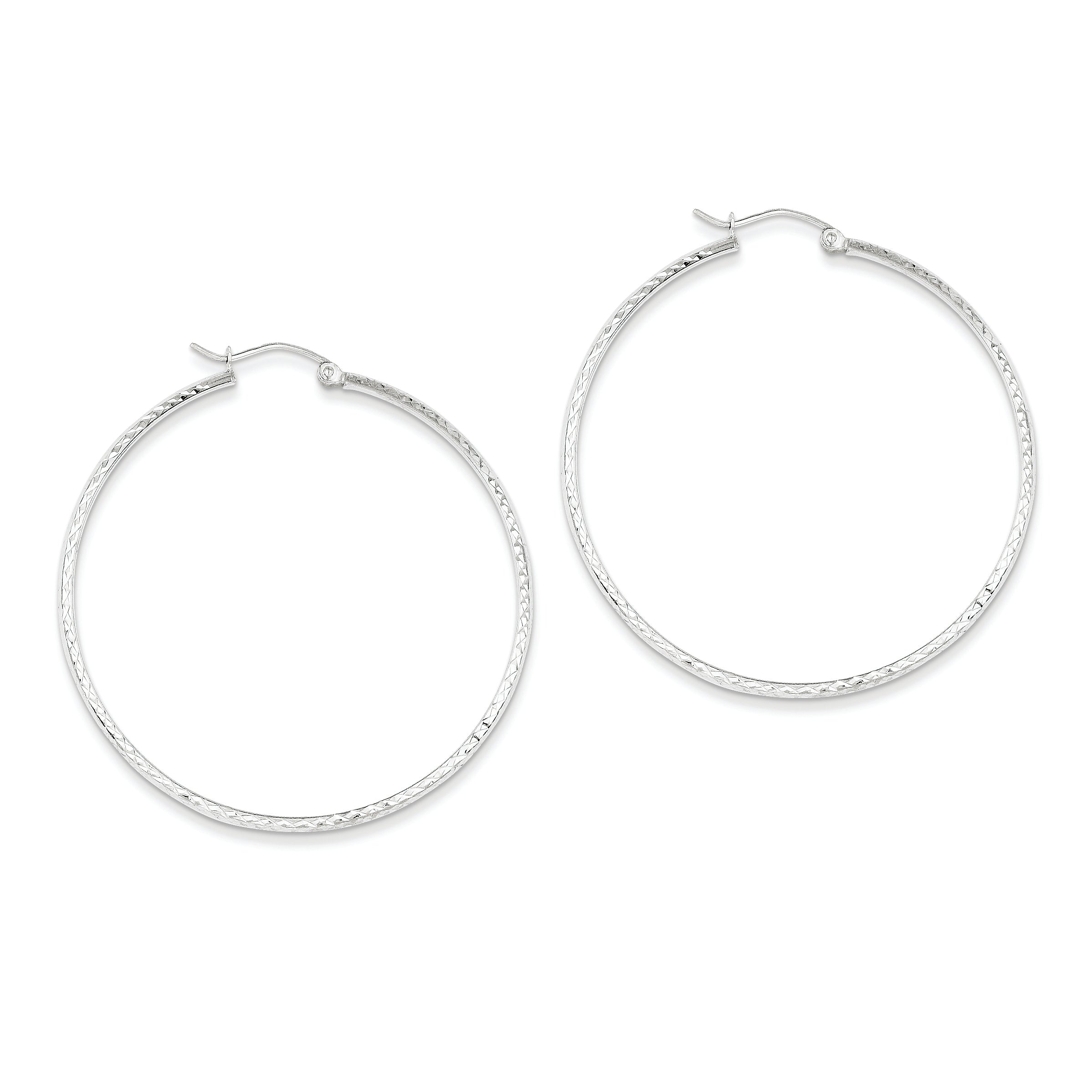 14K White Gold Diamond Cut 2.8x46mm Hollow Hoop Earrings