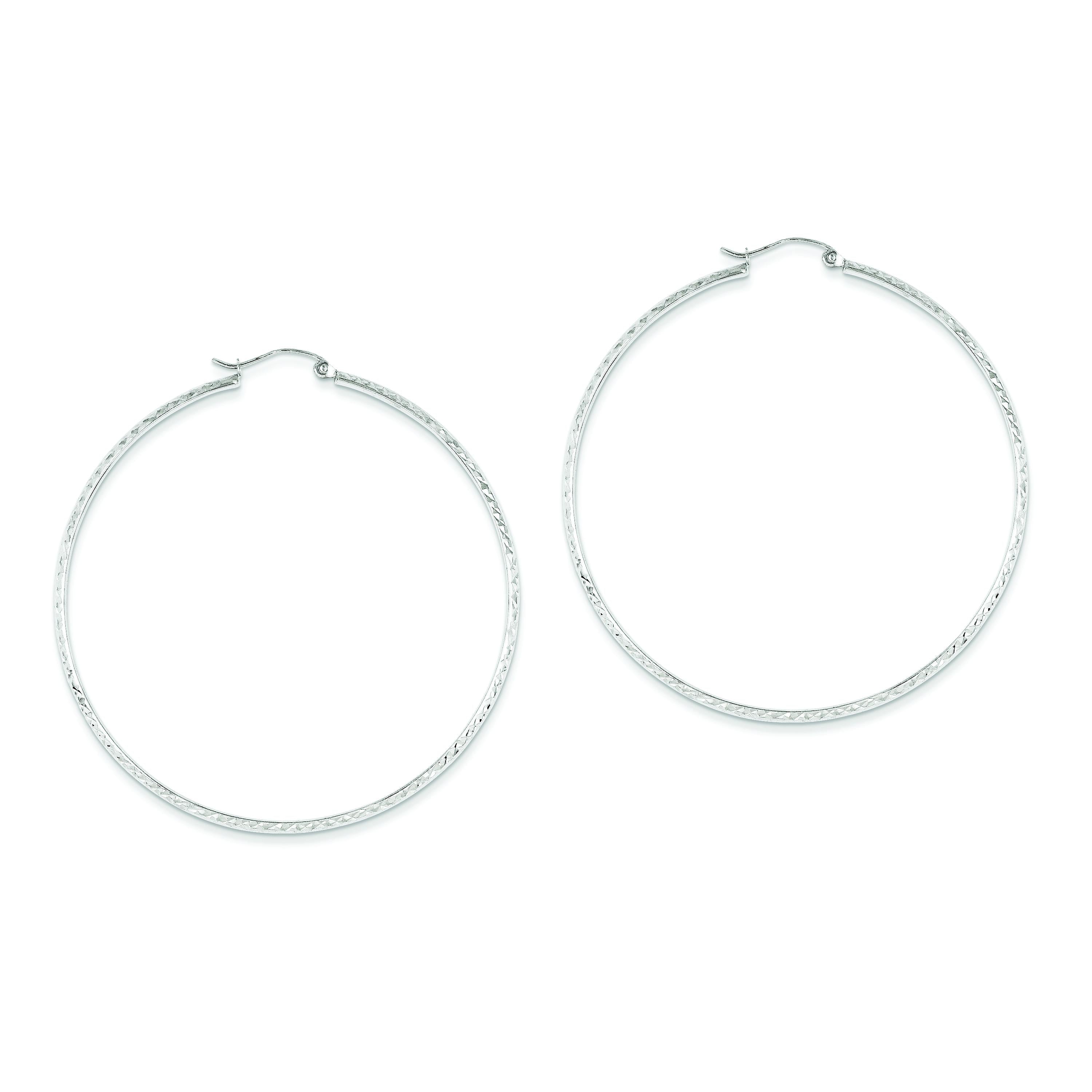 14K White Gold Diamond Cut 2.8x56mm Hollow Hoop Earrings
