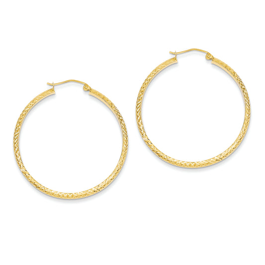 14K Gold Diamond Cut 3.5x38mm Hollow Hoop Earrings