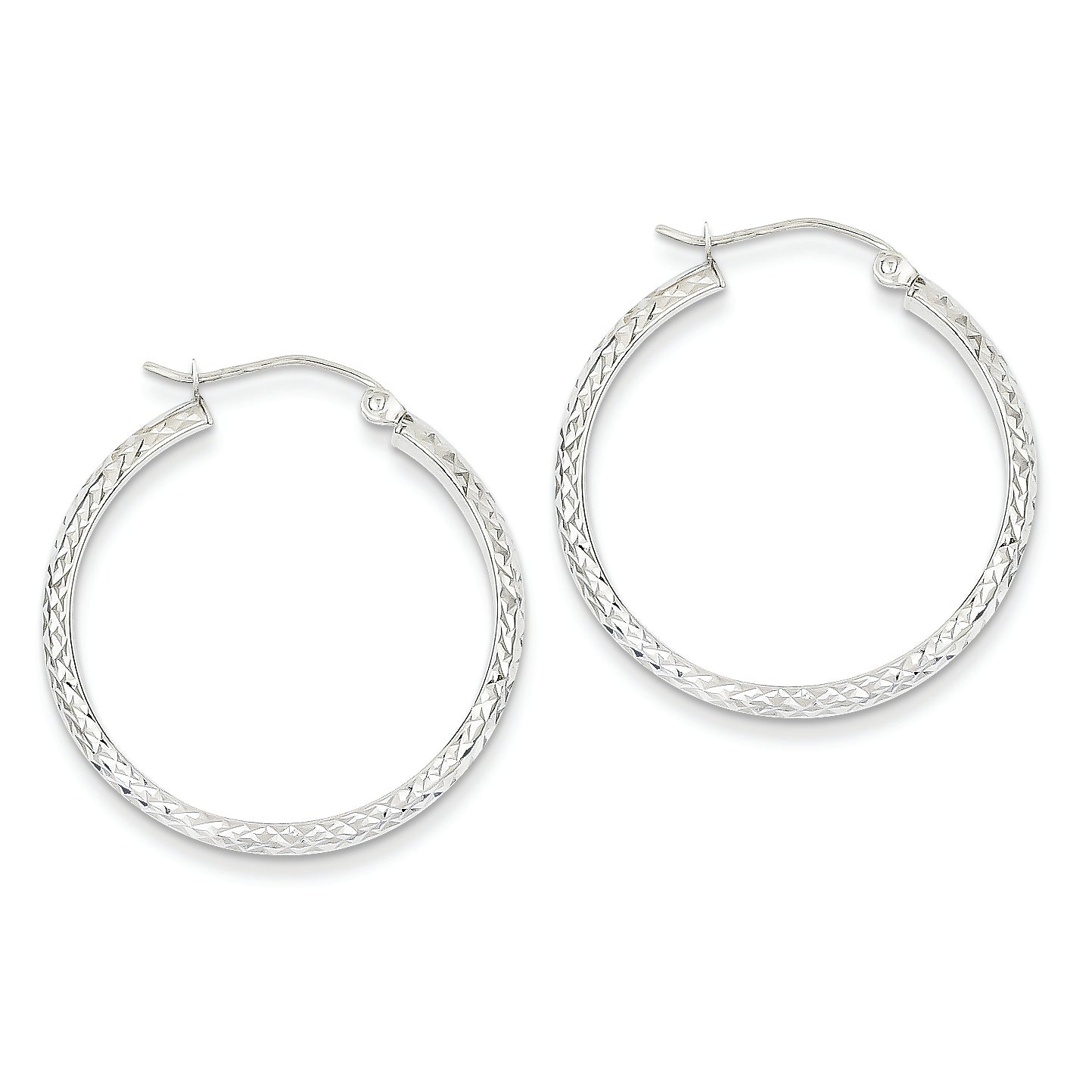 14K White Gold Diamond Cut 3.5x28mm Hollow Hoop Earrings