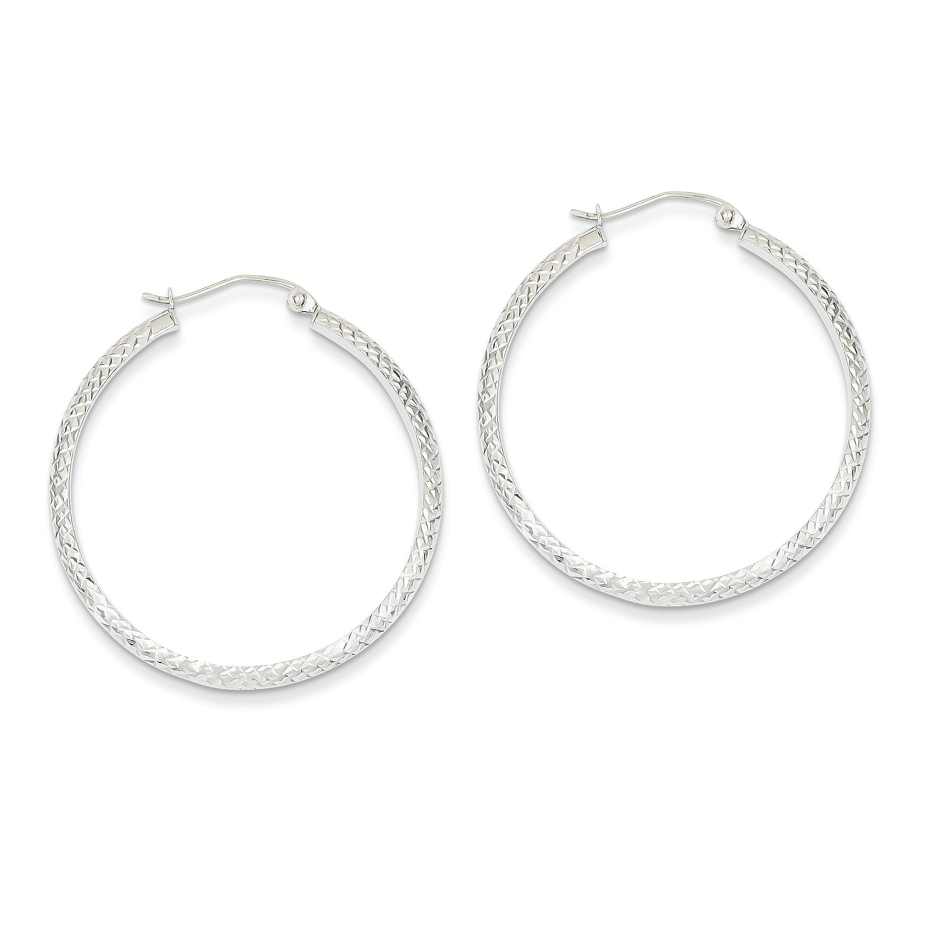 14K White Gold Diamond Cut 3.5x34mm Hollow Hoop Earrings