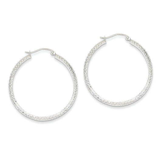 14K White Gold Diamond Cut 3.5x34mm Hollow Hoop Earrings