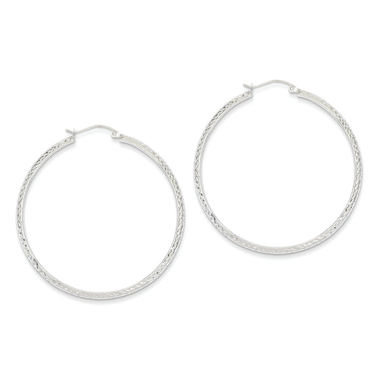 14K White Gold Diamond Cut 3.5x46mm Hollow Hoop Earrings