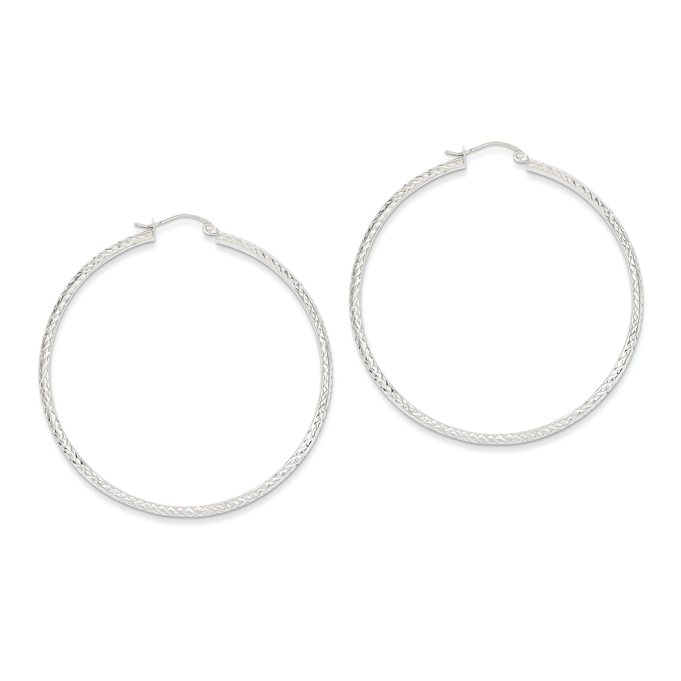 14K White Gold Diamond Cut 3.5x52mm Hollow Hoop Earrings