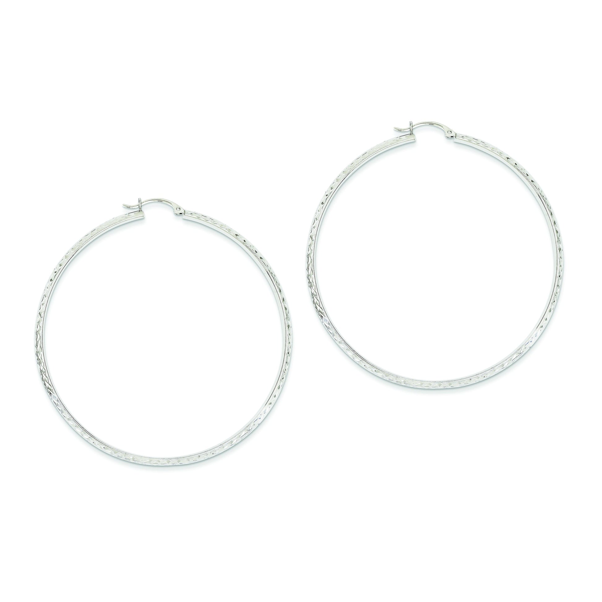 14K White Gold Diamond Cut 3.5x65mm Hollow Hoop Earrings
