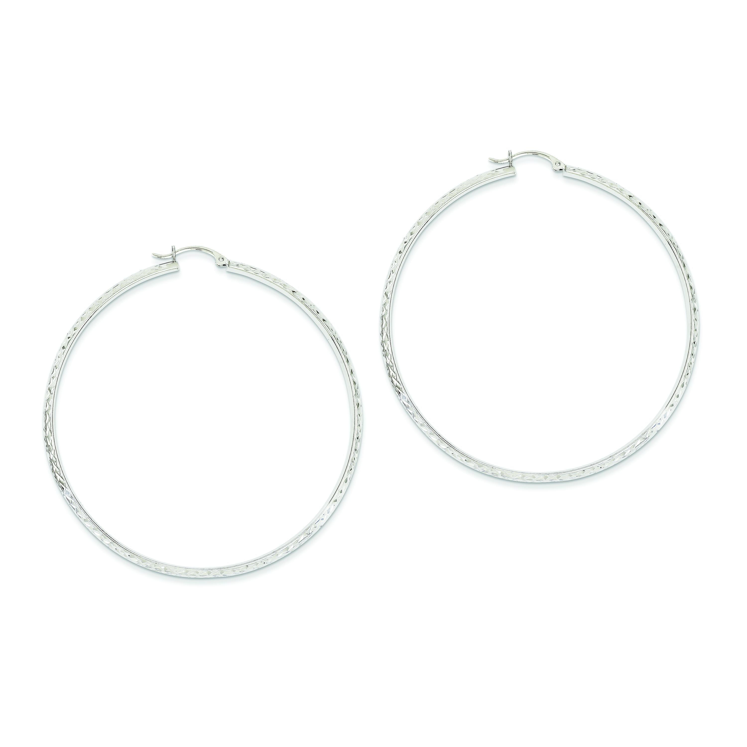 14K White Gold Diamond Cut 3.5x65mm Hollow Hoop Earrings