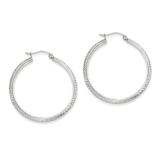 14K White Gold Knife Edge Diamond Cut 2.5x25mm Hoop Earrings