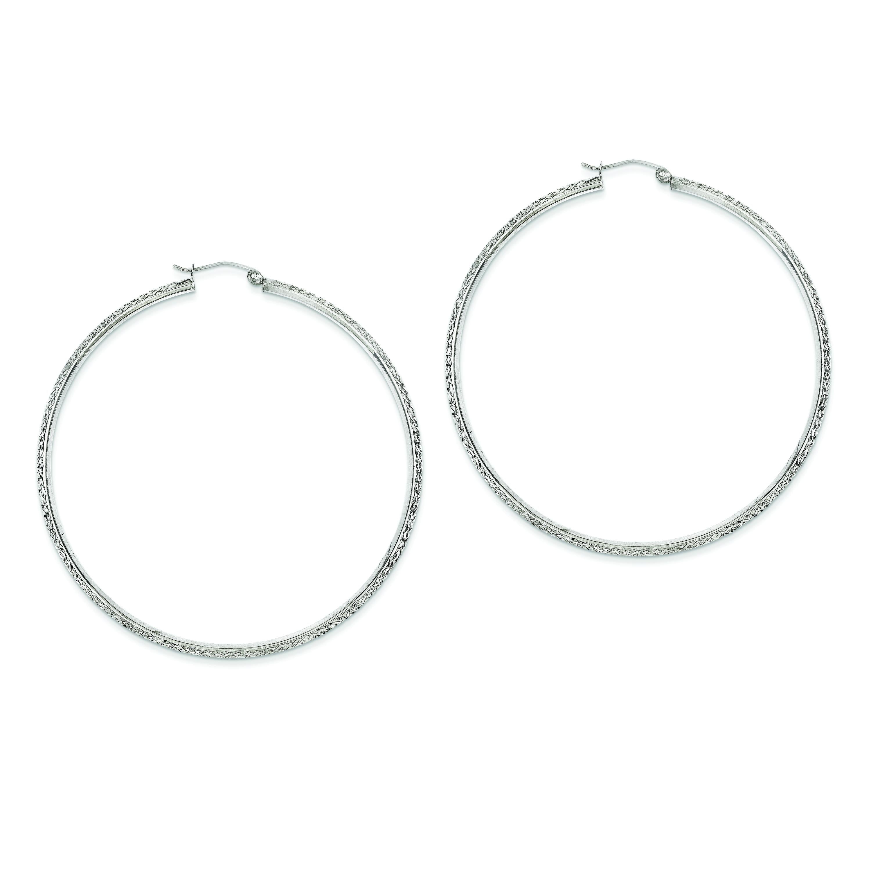 14K White Gold Knife Edge Diamond Cut 2.5x25mm Hoop Earrings
