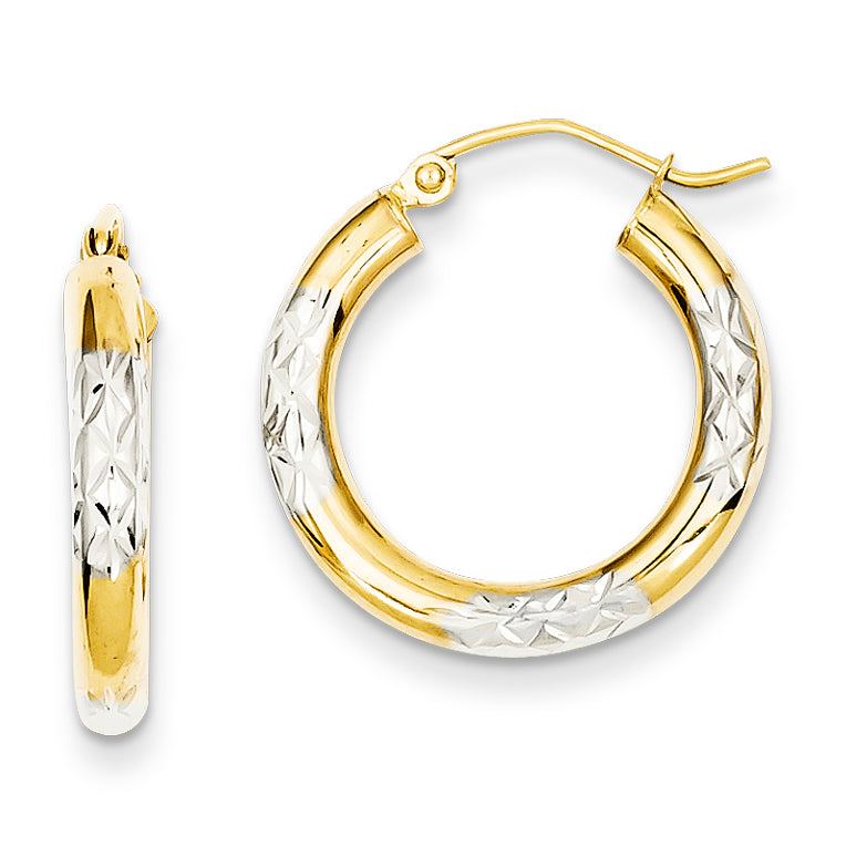 14K Gold & Rhodium Diamond Cut 3x20mm Hoop Earrings