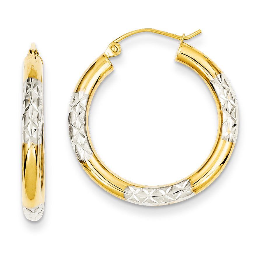 14K Gold & Rhodium Diamond Cut 3x25mm Hoop Earrings