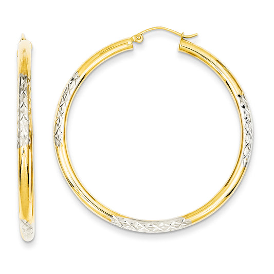 14K Gold & Rhodium Diamond Cut 3x45mm Hoop Earrings