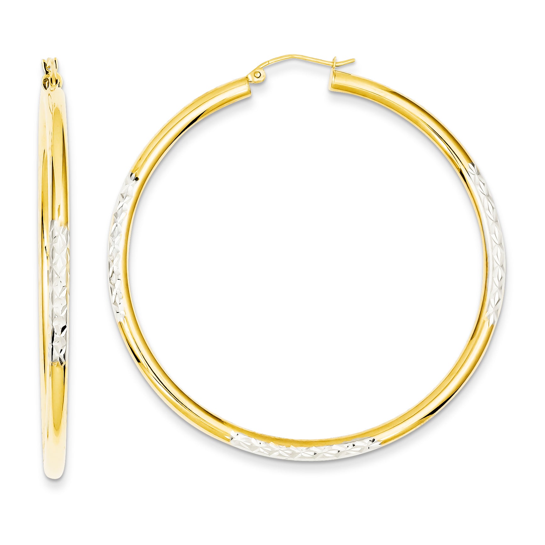 14K Gold & Rhodium Diamond Cut 3x55mm Hoop Earrings