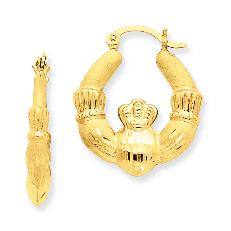 14K Gold Satin Claddagh Hoop Earrings