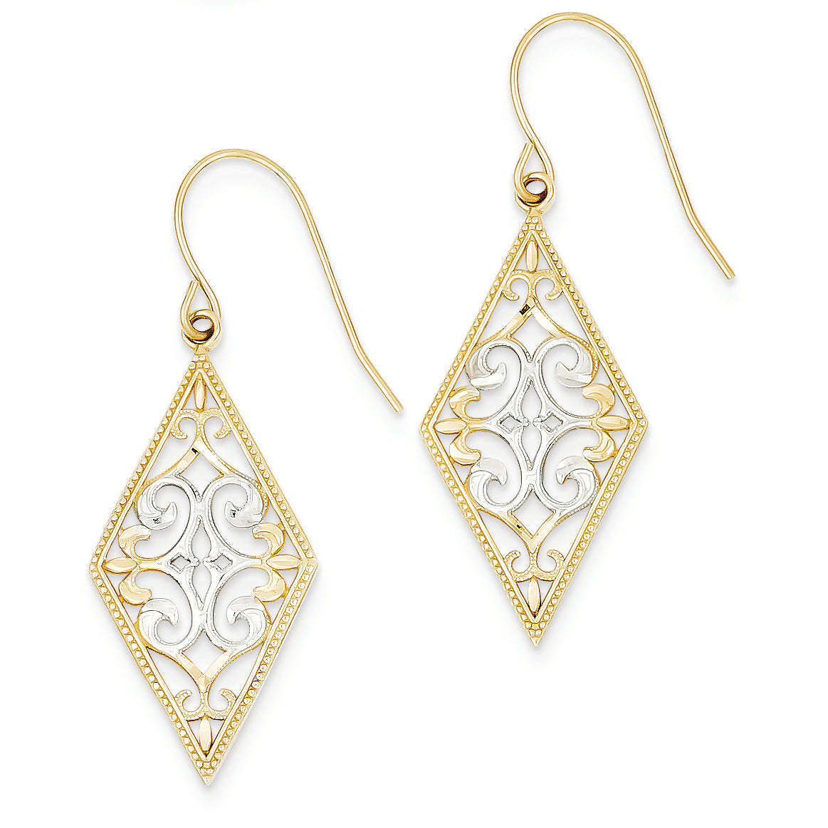 14K Gold Two-tone Rhodium Diamond Shape Filigree Dangle Earrings