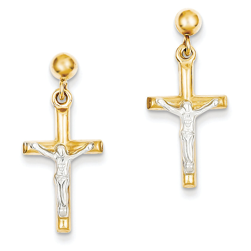 14K Gold Two-tone Hollow Crucifix Earrings