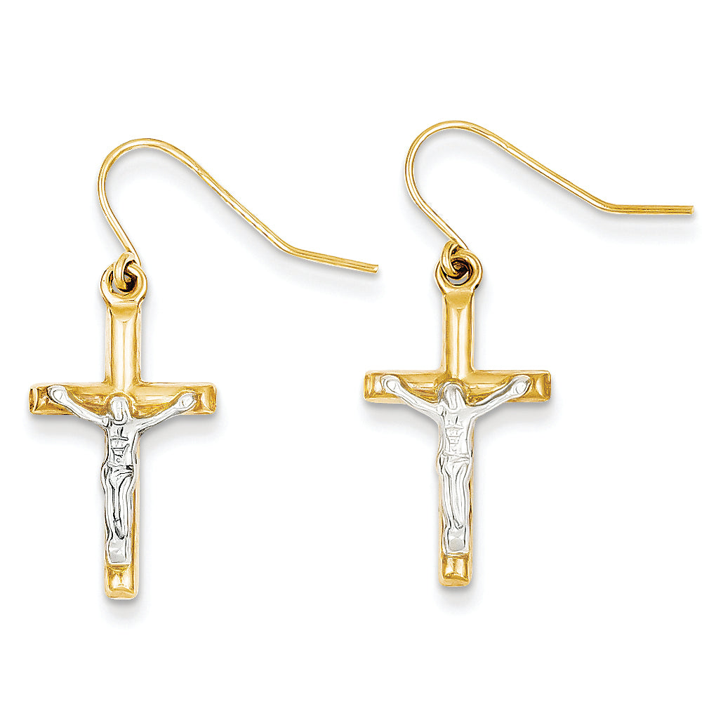 14K Gold Two-tone Polished Crucifix Earrings