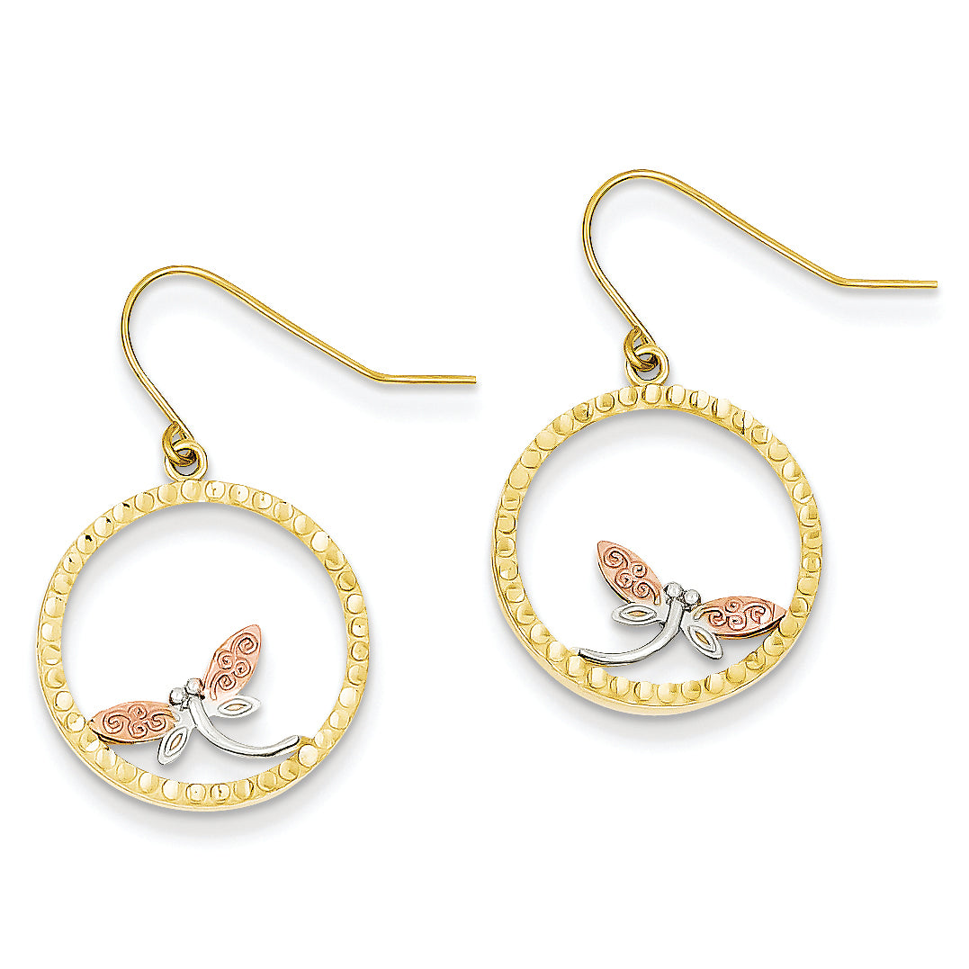 14K Gold Tri-color Diamond-cut Dragonfly in Circle Wire Dangle Earrings