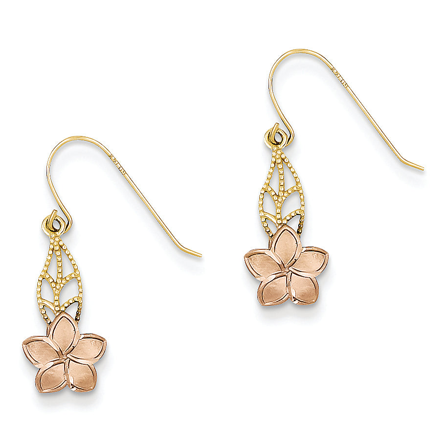 14K Gold Two-tone Fancy Plumeria Dangle Earrings
