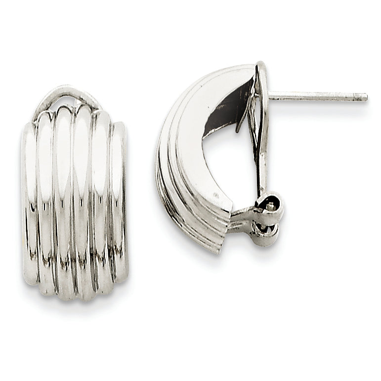 14K White Gold Ribbed Omega Back Post Earrings