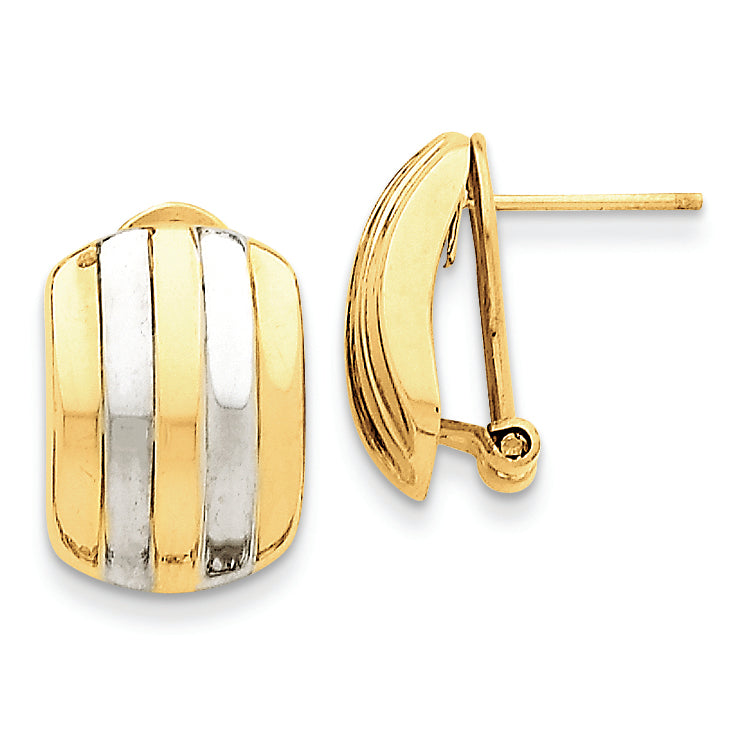 14K Gold & Rhodium Ribbed Omega Back Post Earrings