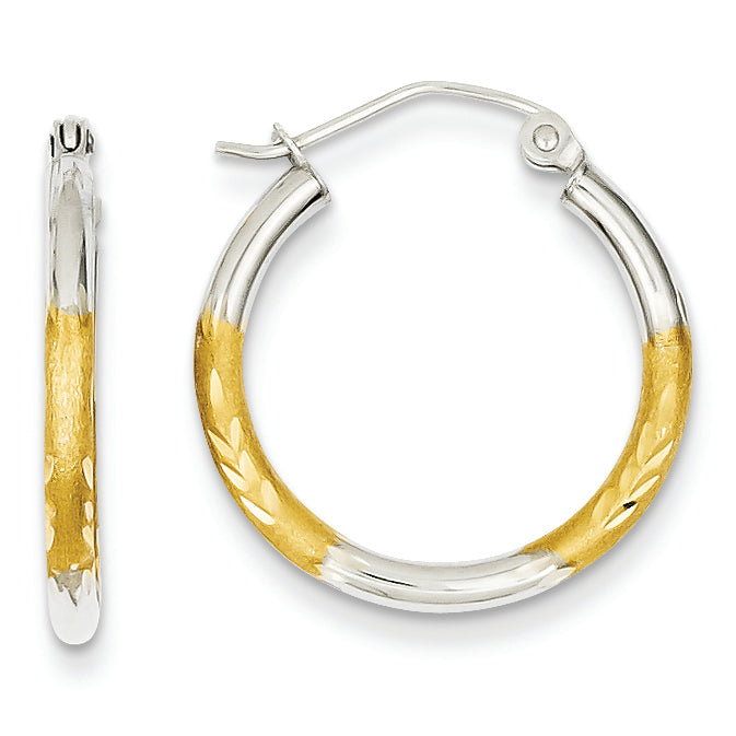 14K Gold & Rhodium 2mm Satin & Diamond-cut Hoop Earrings