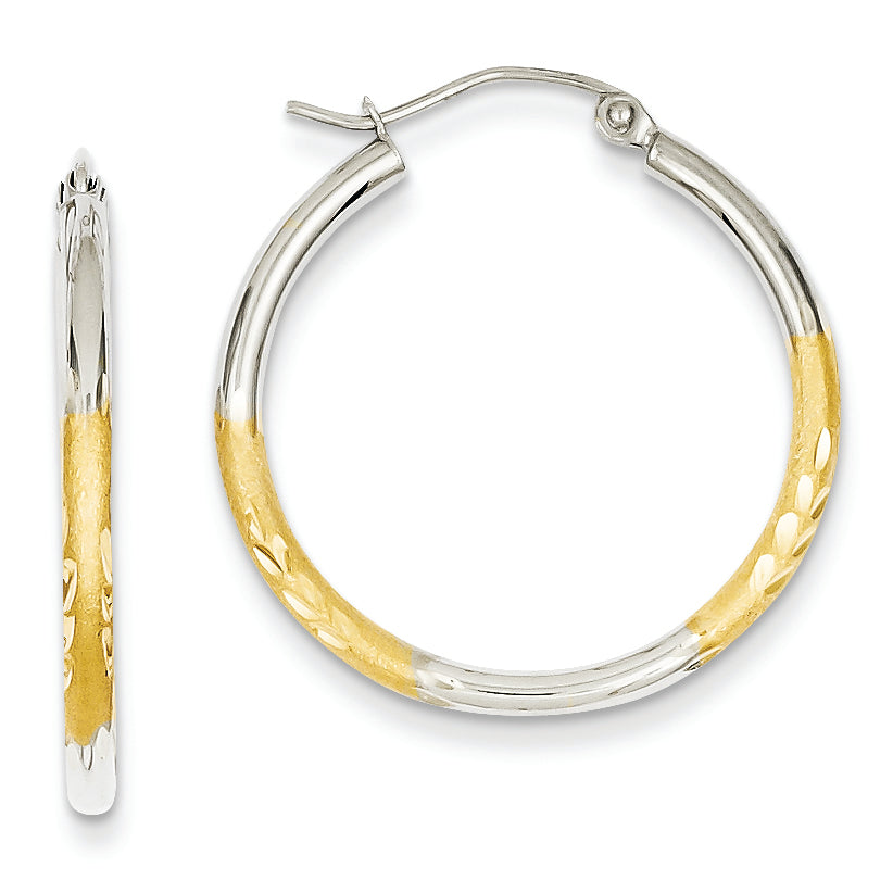 14K Gold & Rhodium 2mm Satin & Diamond-cut Hoop Earrings