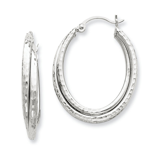 14K White Gold D/C Polished Oval Hoop Earring