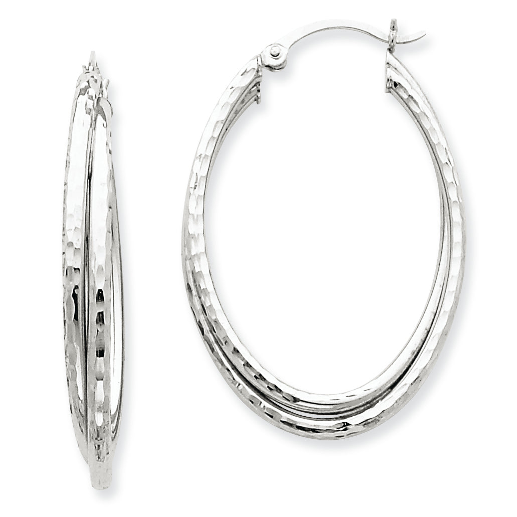 14K White Gold D/C Polished Oval Hoop Earring