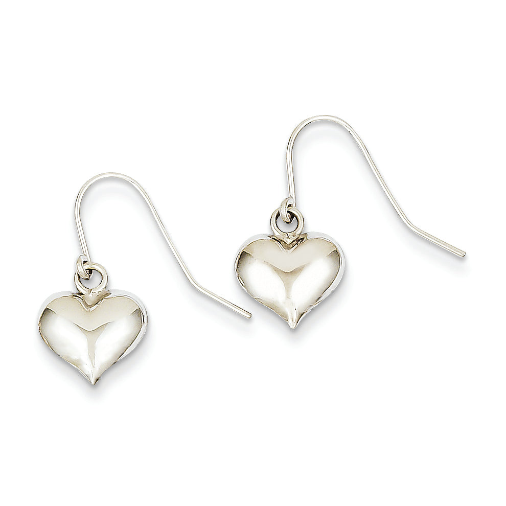 14K White Gold Puffed Heart Dangle Earrings