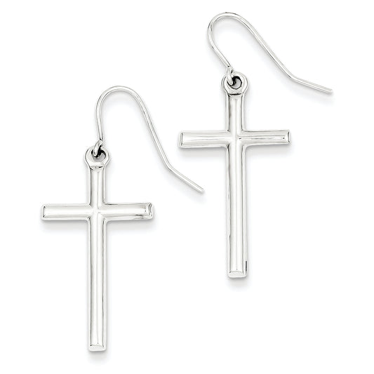 14K White Gold Hollow Cross Dangle Earrings