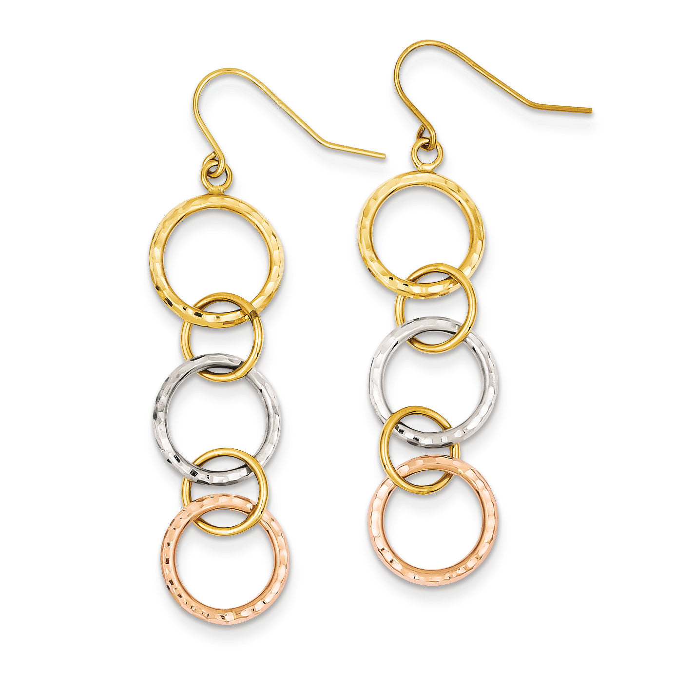 14K Gold Tri-Color Diamond Cut Circle Dangle Earrings