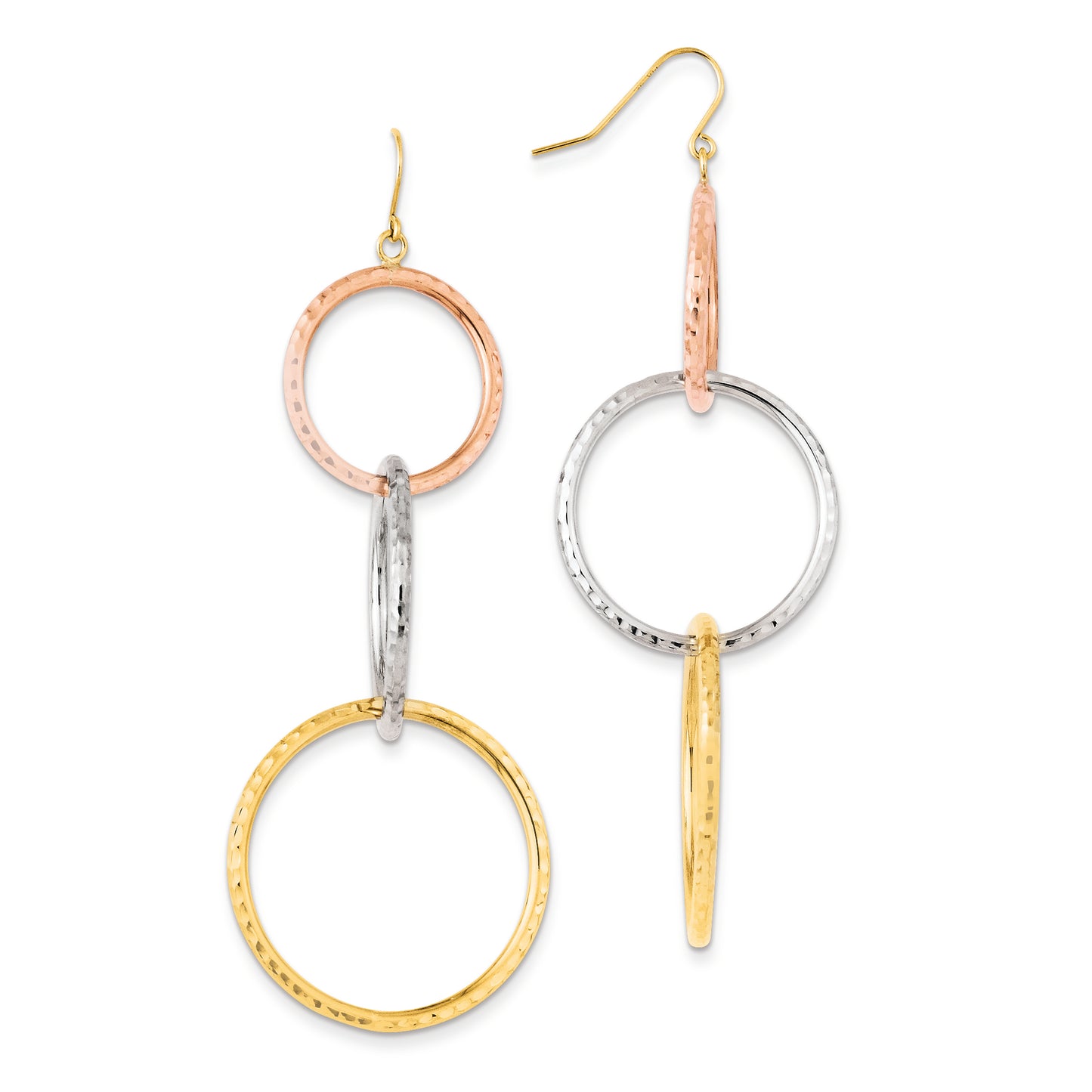 14K Gold Tri-Color Diamond Cut Graduated Circle Dangle Earrings