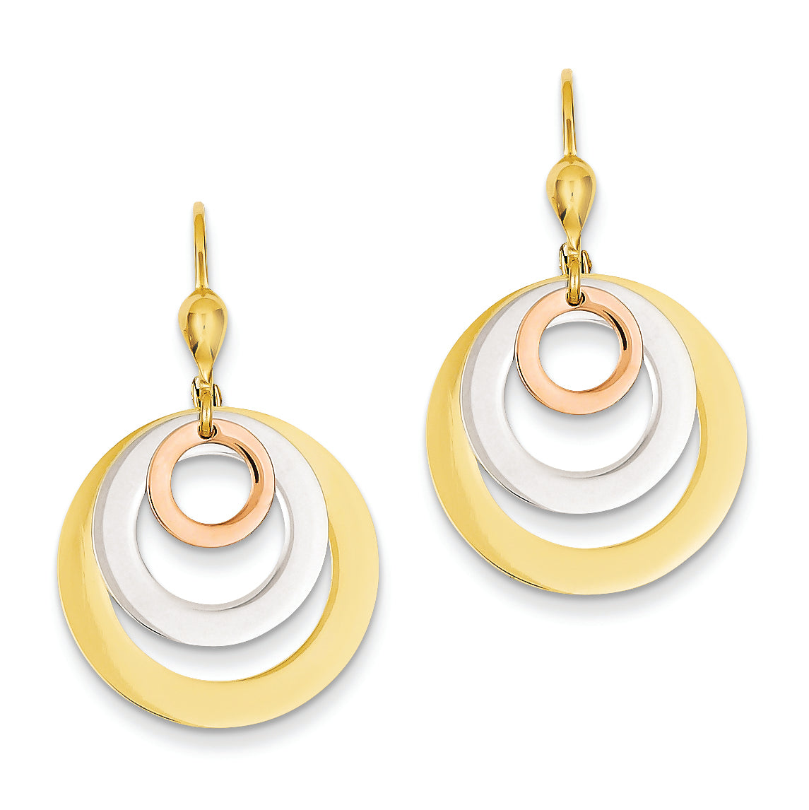 14K Gold Tri-color Circle Leverback Dangle Earrings
