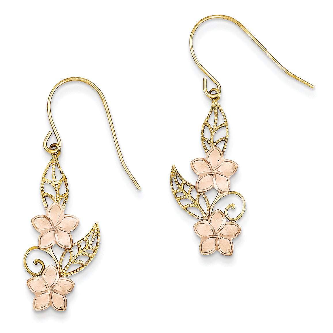 14K Gold Two-tone Fancy Plumeria Dangle Earrings