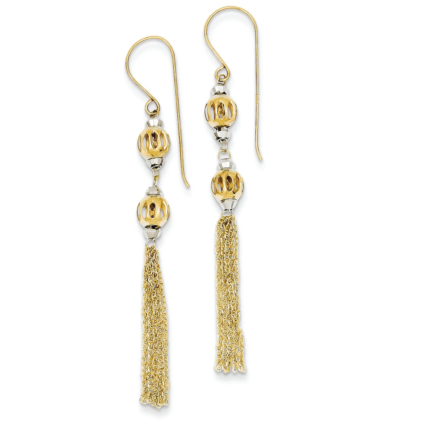 14K Gold Two-tone Bead & Chain Dangle Earrings