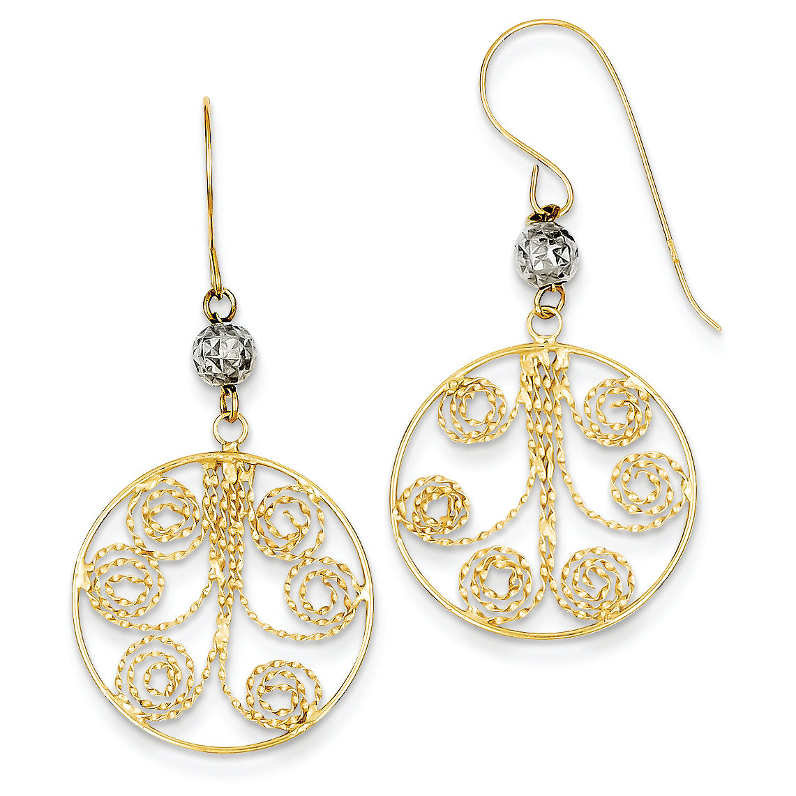 14K Gold Two-tone Circle Swirl Dangle Earrings
