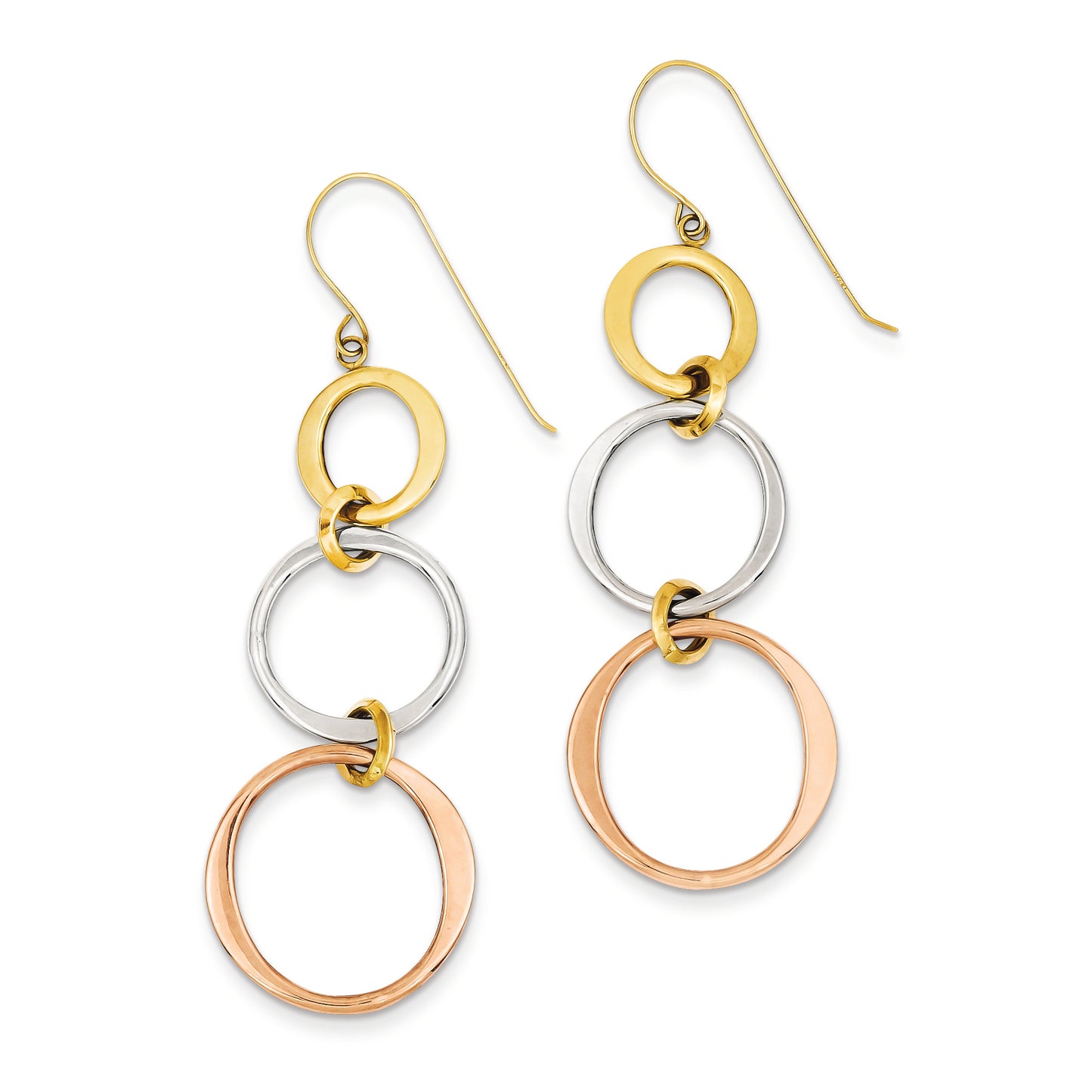 14K Gold Tri-color Triple Circle Dangle Earrings