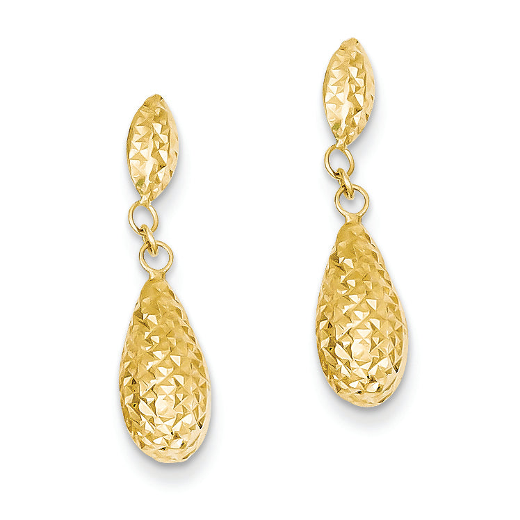 14K Gold Diamond-cut Puff Teardrop Dangle Earrings