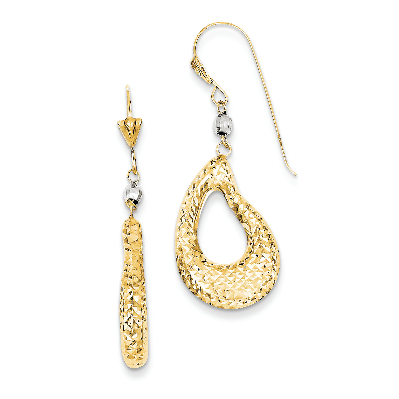 14K Gold Two-tone Diamond-cut Puff Teardrop Earrings